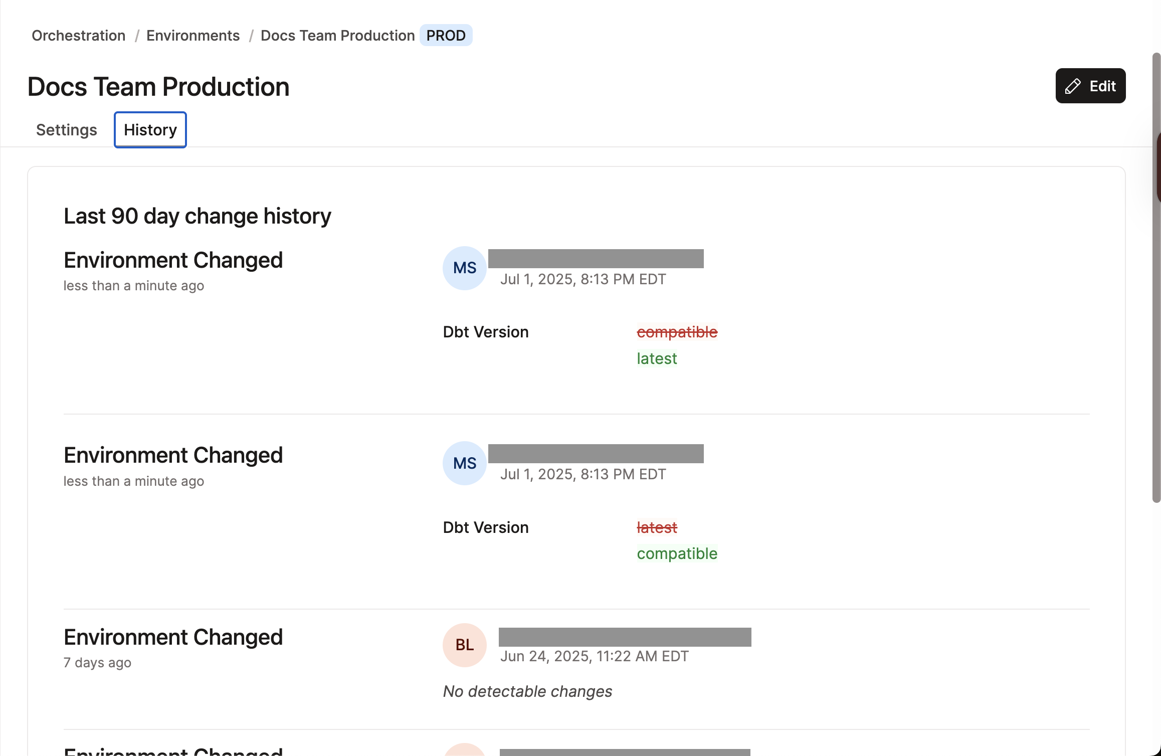 Example of the environment history option.