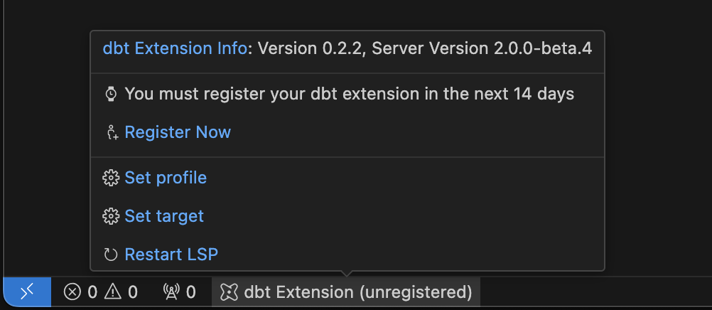 If you see the 'dbt Extension` label, the extension is activated If you see the 'dbt Extension` label, the extension is activated